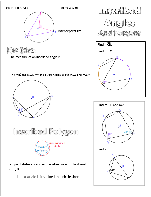 inscribed angles in circles worksheet